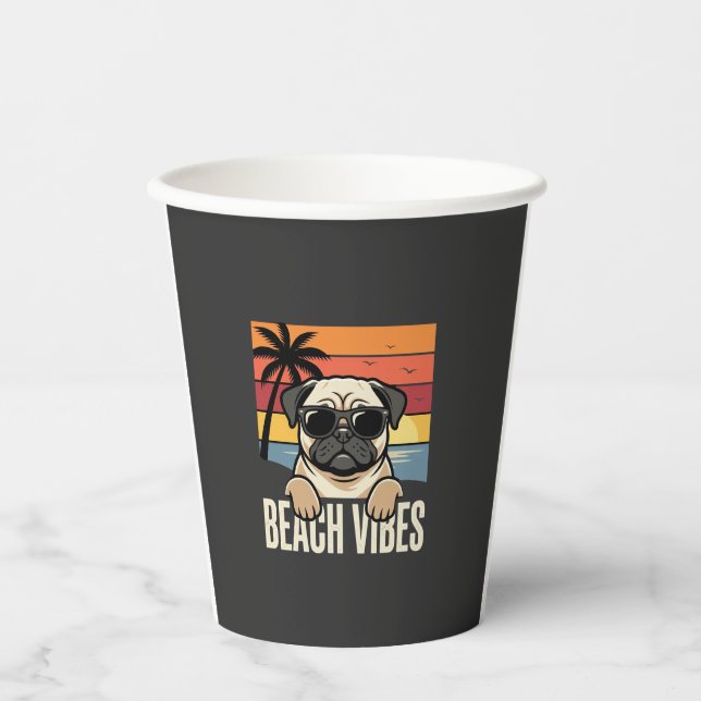 Beach Vibes Pug Dog Sunset Paper Cups (Front)