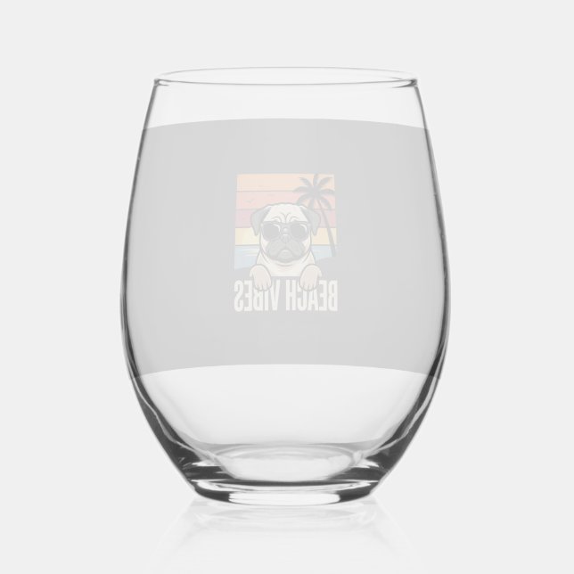Beach Vibes Pug Dog Sunset Stemless Wine Glass (Front)