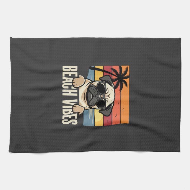 Beach Vibes Pug Dog Sunset Tea Towel (Horizontal)
