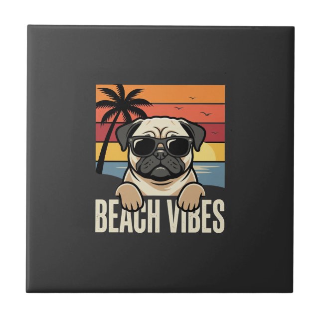 Beach Vibes Pug Dog Sunset Tile (Front)