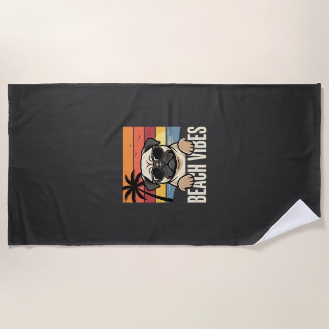 Beach Vibes Pug Dog Sunset Towel (Front)