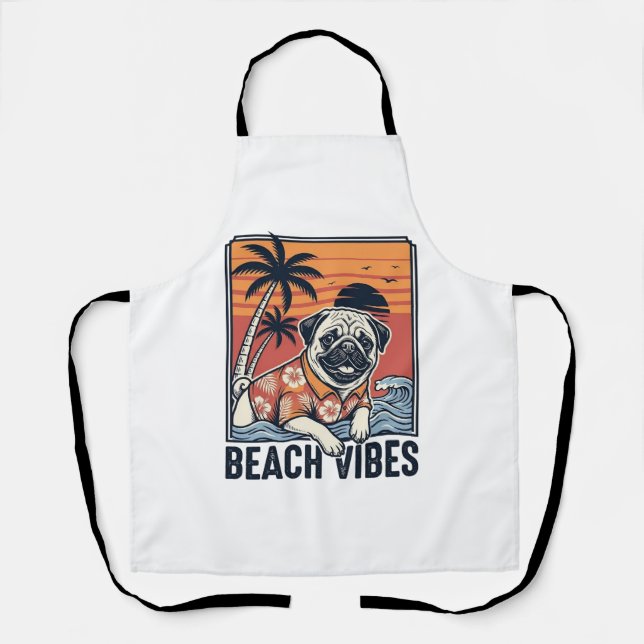 Beach Vibes Pug Vintage Engraving Design_1 Apron (Front)