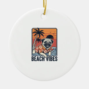 Beach Vibes Pug Vintage Engraving Design_1 Ceramic Tree Decoration