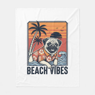 Beach Vibes Pug Vintage Engraving Design_1 Fleece Blanket