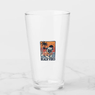 Beach Vibes Pug Vintage Engraving Design_1 Glass