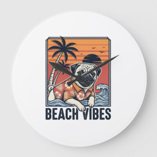 Beach Vibes Pug Vintage Engraving Design_1 Large Clock