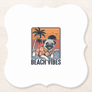 Beach Vibes Pug Vintage Engraving Design_1 Paper Coaster