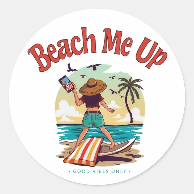 Beach Vibes: Summer Selfie Adventure Classic Round Sticker (Front)