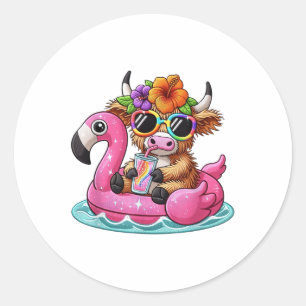 Beach Vibes Sweet Summer Cute Highland Cow Flaming Classic Round Sticker