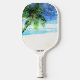 Beach Vibes Watercolor Palm Tree Sand Custom Text Pickleball Paddle