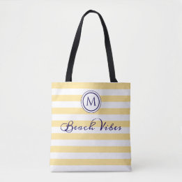 Beach Vibes Yellow White Stripe Coastal Monogram Tote Bag