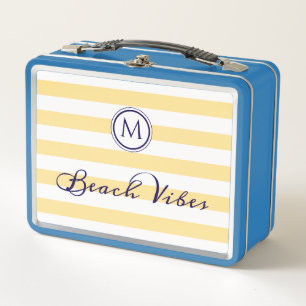 Beach Vibes Yellow White Striped Chic Monogrammed Metal Lunch Box