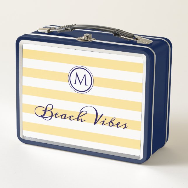 Beach Vibes Yellow White Striped Chic Monogrammed Metal Lunch Box (Front)