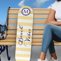 Beach Vibes Yellow White Striped Cool Monogram Skateboard