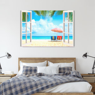 Beach View Fake Window Home Office  Canvas Print