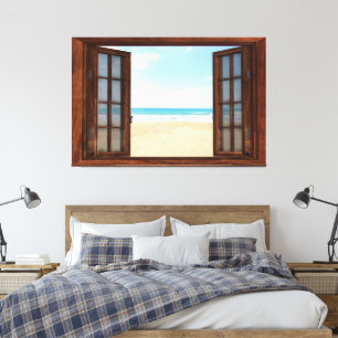 Beach View Fake Window Home Office Canvas Print