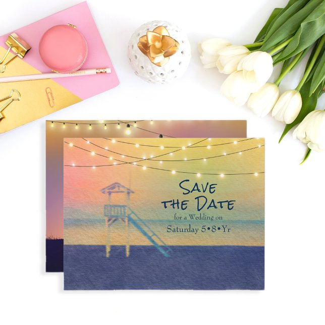 Beach View Watercolor String Lights Photo Announcement Postcard (Creator Uploaded)