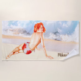 Beach Vintage Redhead Pinup Girl and Ocean Towel