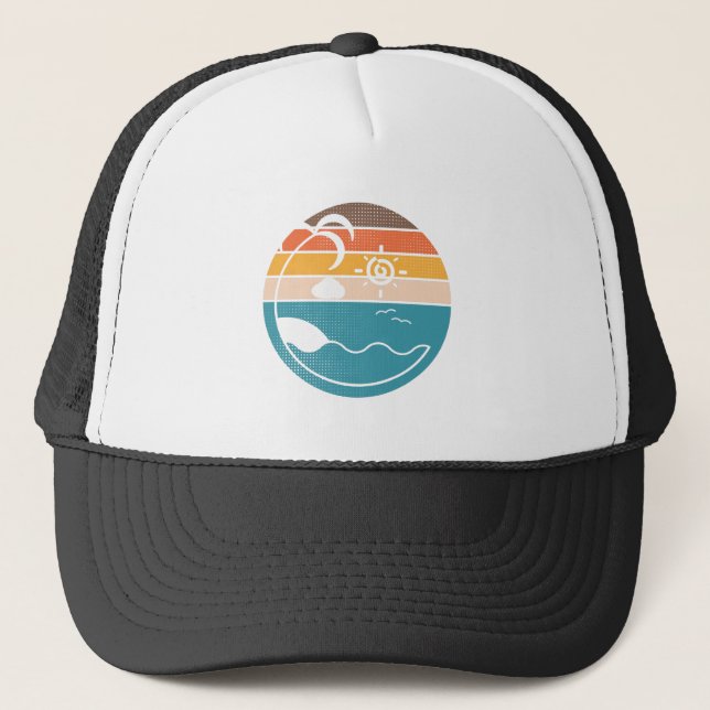 Beach Vintage Sunset Halftone Summer Trucker Hat (Front)