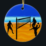 Beach Volleyball Ceramic Tree Decoration<br><div class="desc">The sports action and energy of volleyball athletes are captured in silhouettes of action figures demonstrating extreme plays and strategies on the court. Digital paintings and illustrations of these teens, young men and women and pros include backgrounds of bright, vivid colours and splashes and bursts of light to highlight the...</div>