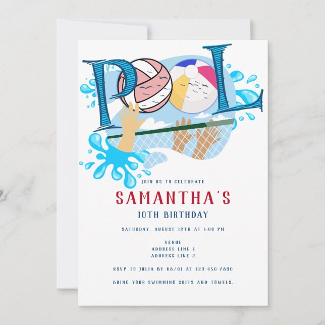 Beach Volleyball Pool Summer Swimming Birthday Invitation (Front)