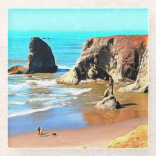 Beach Walk with Dog at Face Rock Park in Bandon Glass Coaster