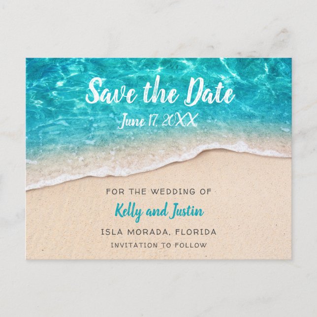 Beach Water and Sand Save the Date Announcement Postcard (Front)