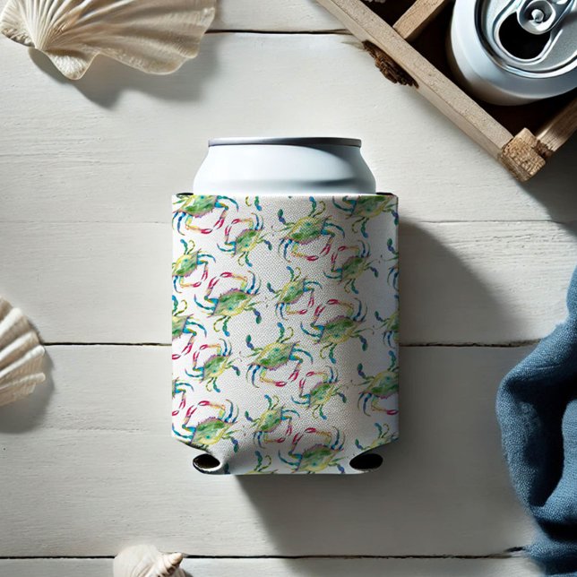 Beach Watercolor Blue Crab Can Cooler (Can cooler watercolor blue crab pattern art by Victoria Grigaliunas of Do Tell A Belle)