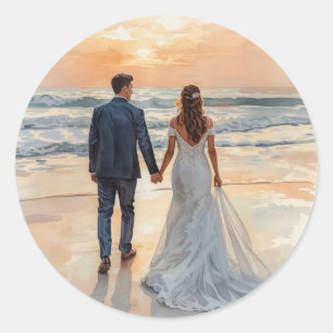 Beach Watercolor Bride & Groom Painted Wedding Classic Round Sticker