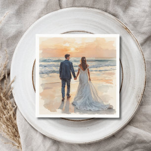 Beach Watercolor Bride & Groom Painted Wedding Napkin