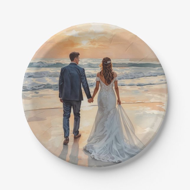 Beach Watercolor Bride & Groom Painted Wedding Paper Plate (Front)