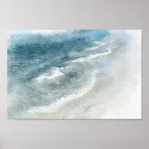 Beach Watercolor - Coastal Teal Dark Blue Waves Poster