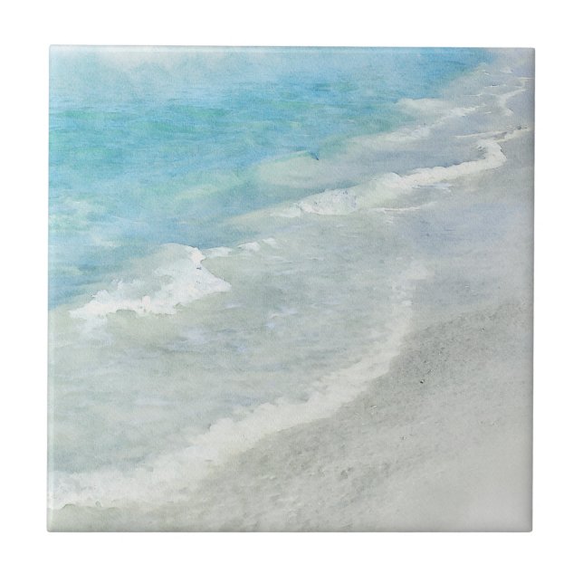 Beach Watercolor - Coastal Teal Light Blue Waves Tile (Front)