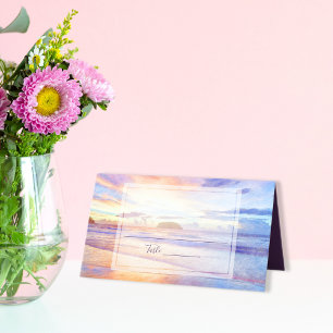Beach Watercolor Pink Sunrise Wedding Place Card