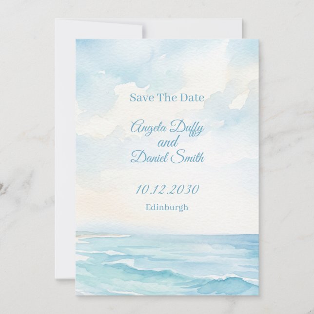 Beach Watercolor Save the Date Card (Front)