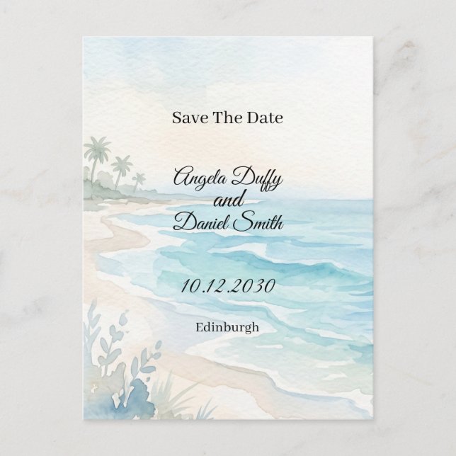 Beach Watercolor Save the Date Postcard (Front)