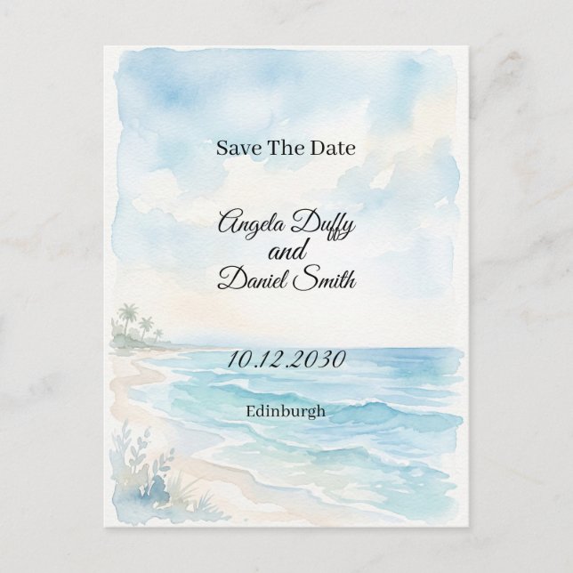 Beach Watercolor Save the Date Postcard (Front)