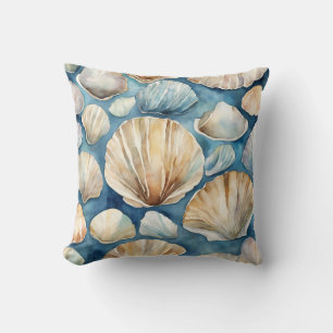 Beach Watercolor SeaShells Blue Beige Coastal Cushion