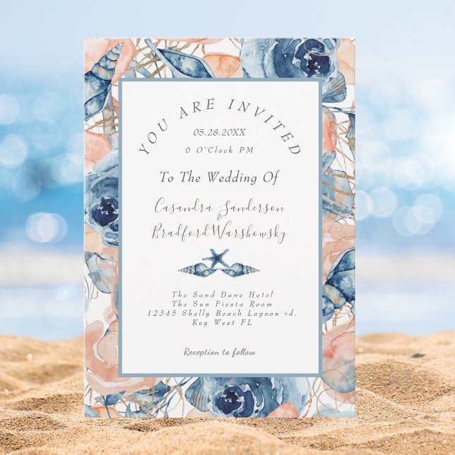 Beach Watercolor Shell Rose Floral Blue Wedding Invitation (Creator Uploaded)