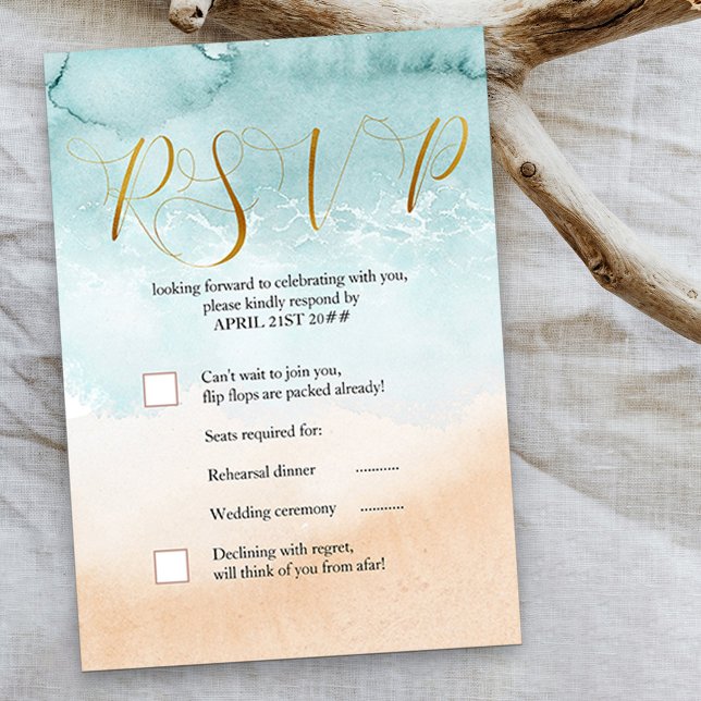 Beach Watercolor Shore Destination Wedding RSVP Card (Creator Uploaded)