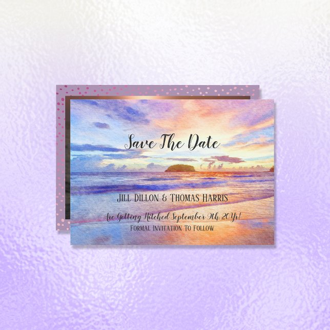 Beach Watercolor Sunrise Save The Date Photo Invitation (Creator Uploaded)