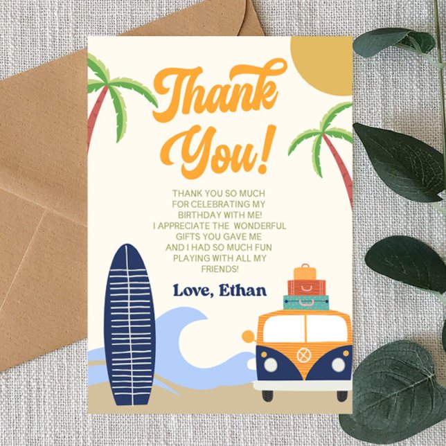 Beach Wave Surf Board Blue Birthday Party Thank You Card (Creator Uploaded)