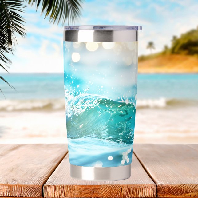 Beach Wave Turquoise Ocean Insulated Tumbler (Thermal tumbler featuring a joyfully sparkling wave on the beach in happy turquoise colors.)