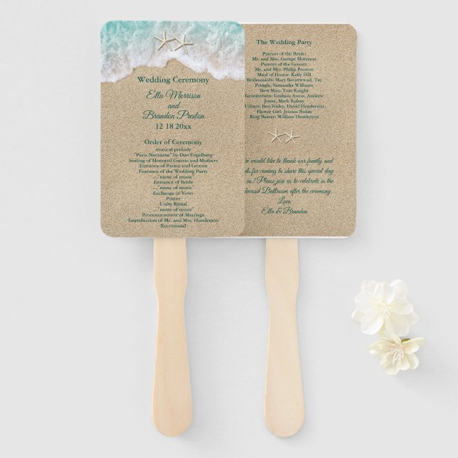 Beach Waves and Starfish Wedding Program Fan (Front and Back)