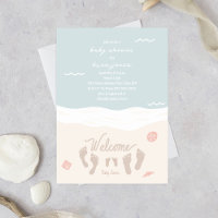 Beach Waves Footprints Pink Girl Baby Shower