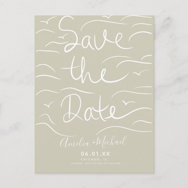 Beach Waves Hand-Drawn Script Save the Date Photo Postcard (Front)