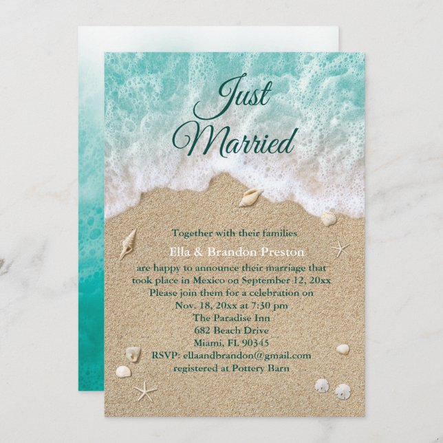 Beach Waves Just Married Post Wedding Invitation (Front/Back)
