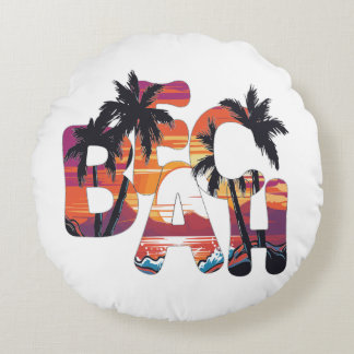 Beach Waves Palm Trees Round Cushion