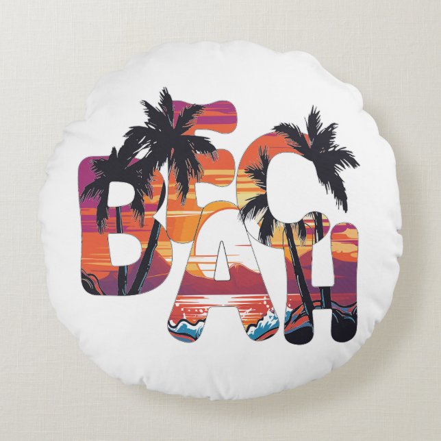 Beach Waves Palm Trees Round Cushion (Front)