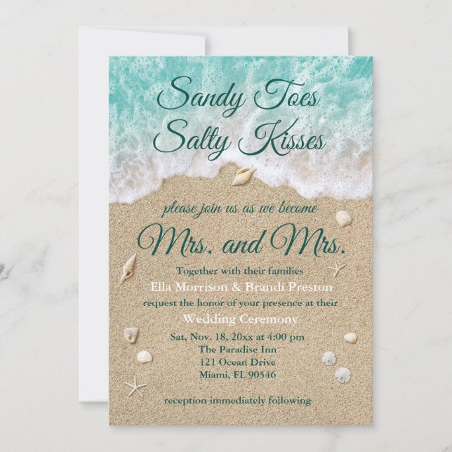 Beach Waves Sandy Toes Salty Kisses Mrs & Mrs Invitation (Front)